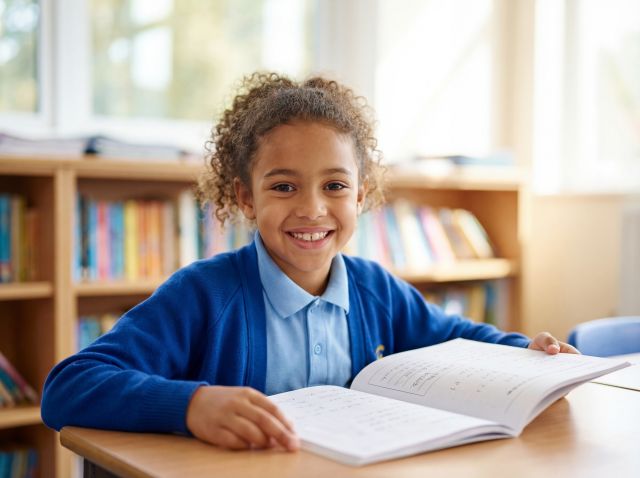 Happy child confidently reading
